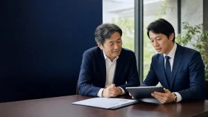 水戸周辺の会社売却について相談する経営者とM&Aアドバイザー