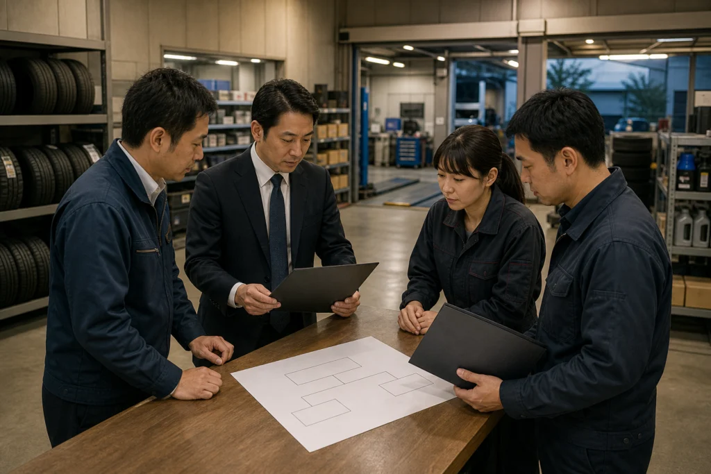 自動車関連の店舗内で資料を囲んで話し合う四人のイメージ