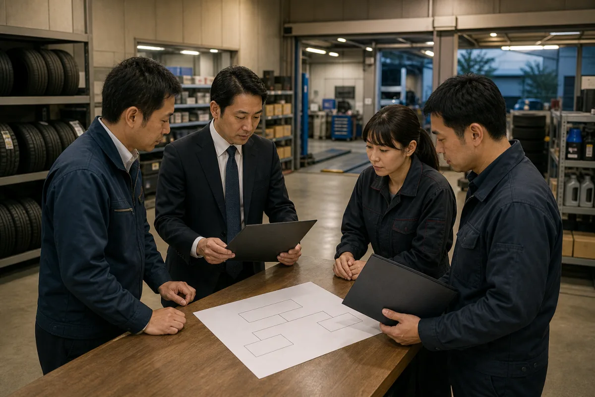 自動車関連の店舗内で資料を囲んで話し合う四人のイメージ