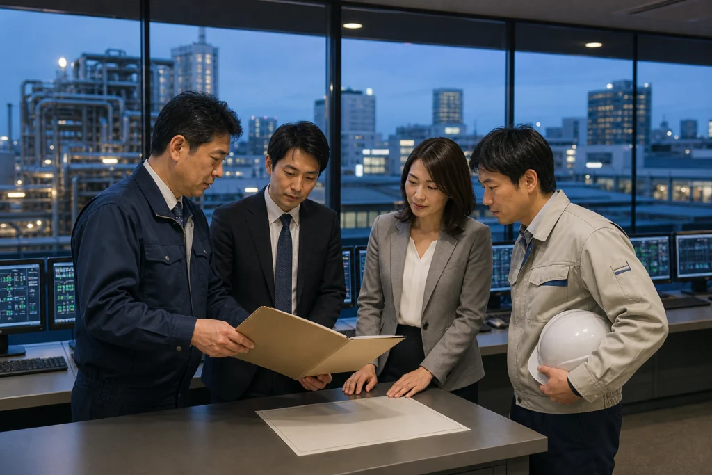 窓のある会議室で資料を確認する四人のイメージ