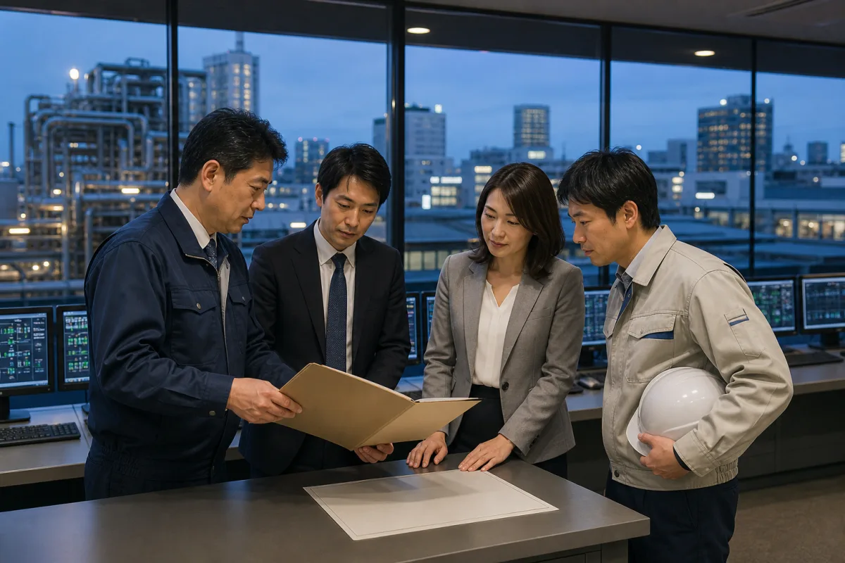 窓のある会議室で資料を確認する四人のイメージ