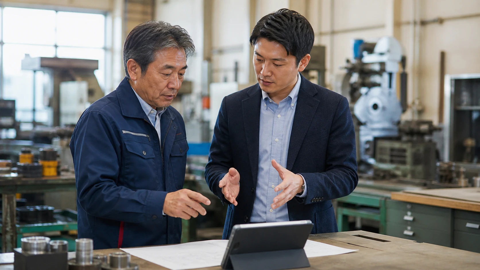 製造現場で設備や引き継ぎについて確認するイメージ