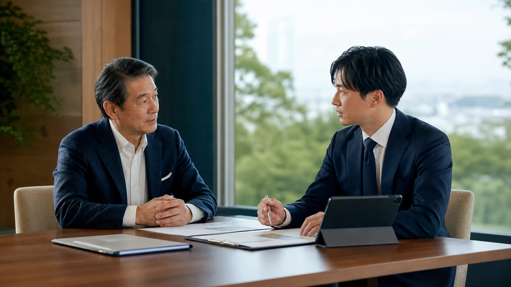 事業承継について経営者と担当者が話し合うイメージ