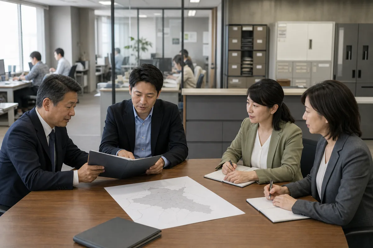 事務所のテーブルで資料を確認する四人のイメージ