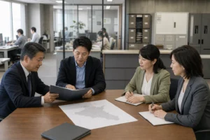 事務所のテーブルで資料を確認する四人のイメージ
